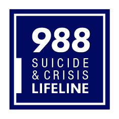 White text stating: '988 Suicide & Crisis Lifeline' inside a navy blue square